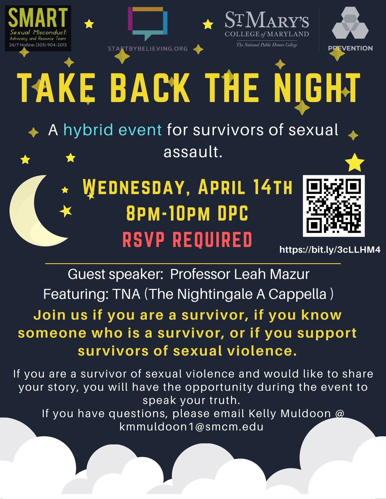 Flyer for Take Back the Night, Hybrid Event. Details in full announcement