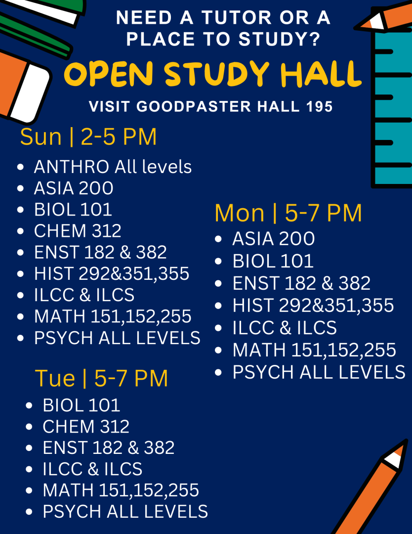 Flyer showing that Open Study Hall is in Good Paster 195 on Sundays from 2-5pm, Mondays and Tuesdays 5-7pm with free tutors in multiple subjects.