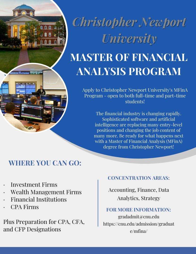 Christopher Newport University's Master of Financial Analysis (MFinA) program application details and description.