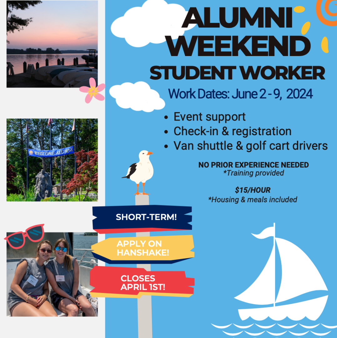 An informational flier with summarizing information from the job description designed in a beach theme and three previous Alumni Weekend photos including landscape and student workers working the event.
